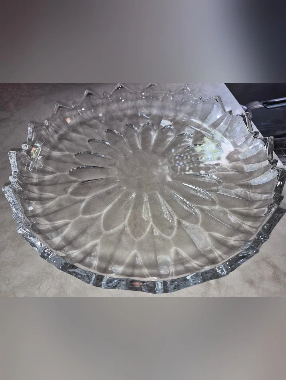 Vintage clear pressed-glass serving platter,  Radial Sunflower Scalloped Rim